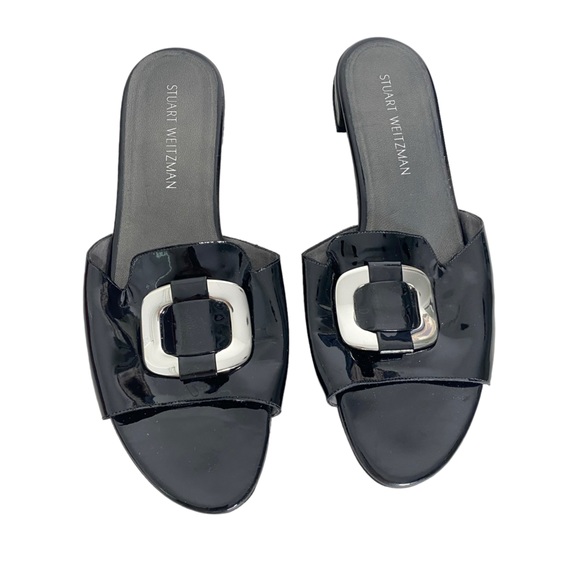 Stuart Weitzman Shoes - Stuart Weitzman Black Patent Leather Slip On Sandals Silver Buckle